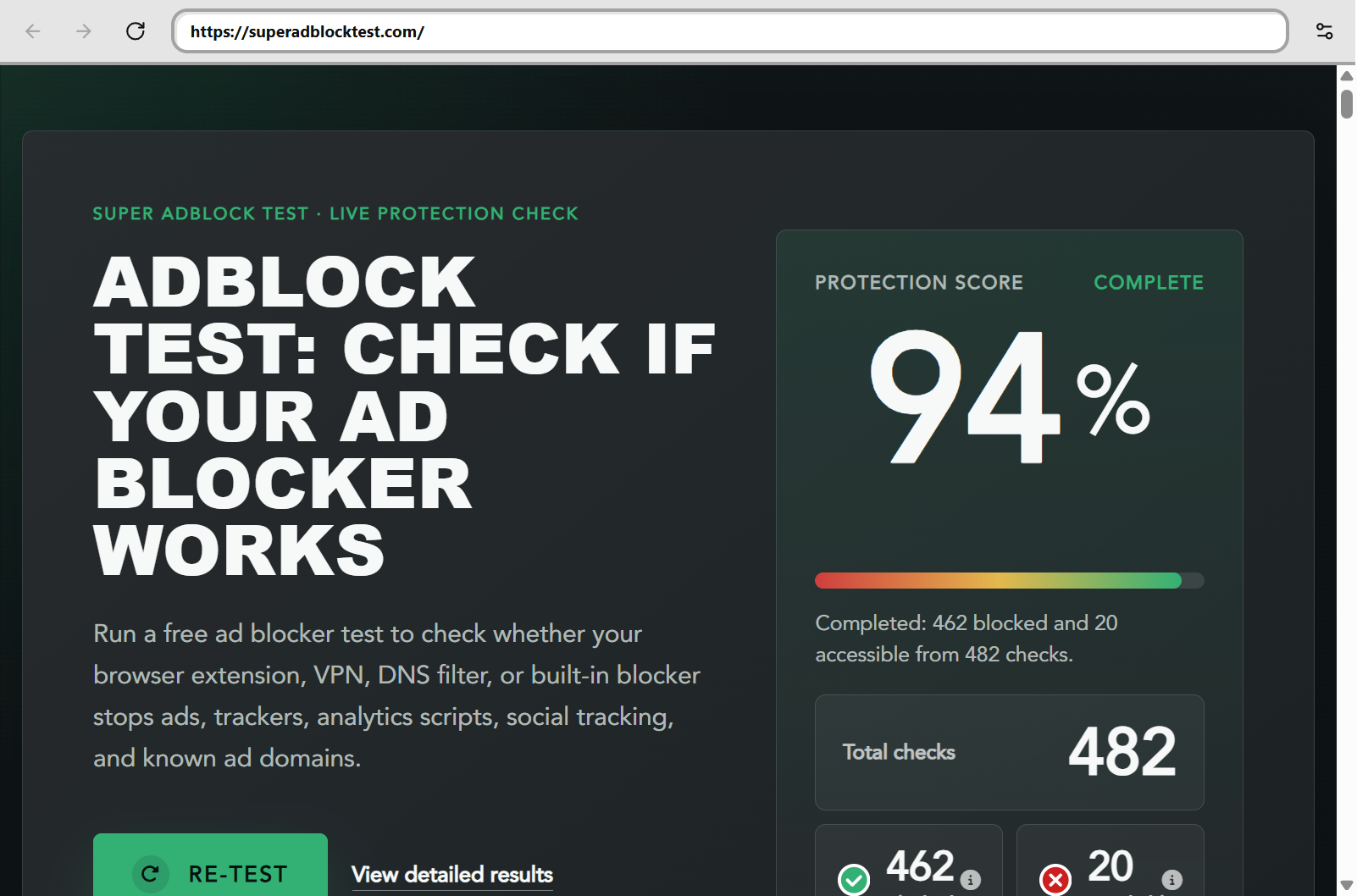 An ad blocker test open in Draggy's own browser window, reporting a protection score of 94 per cent across 482 tracker and ad domain checks.