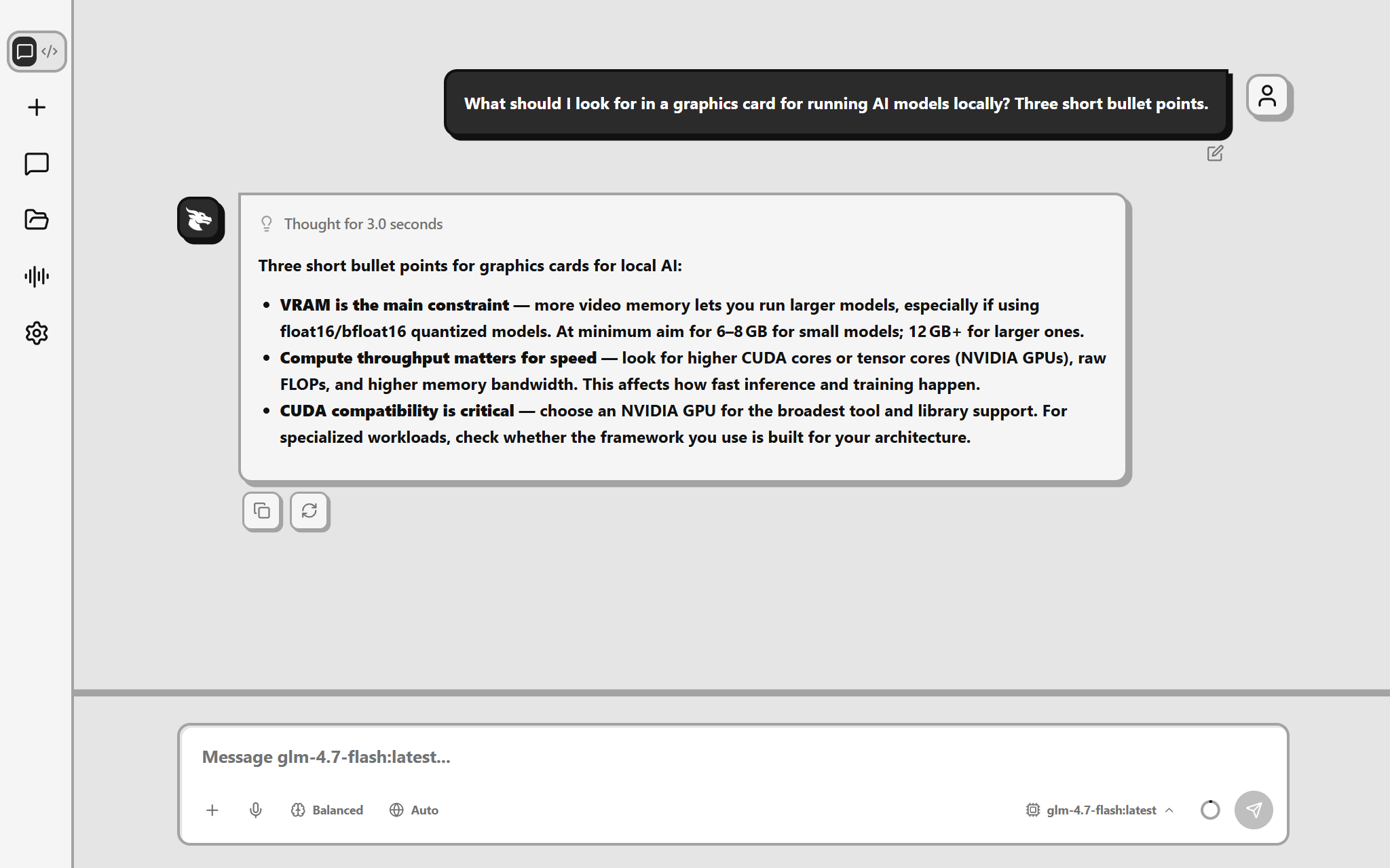 Draggy answering a question about graphics cards in three short bullet points.
