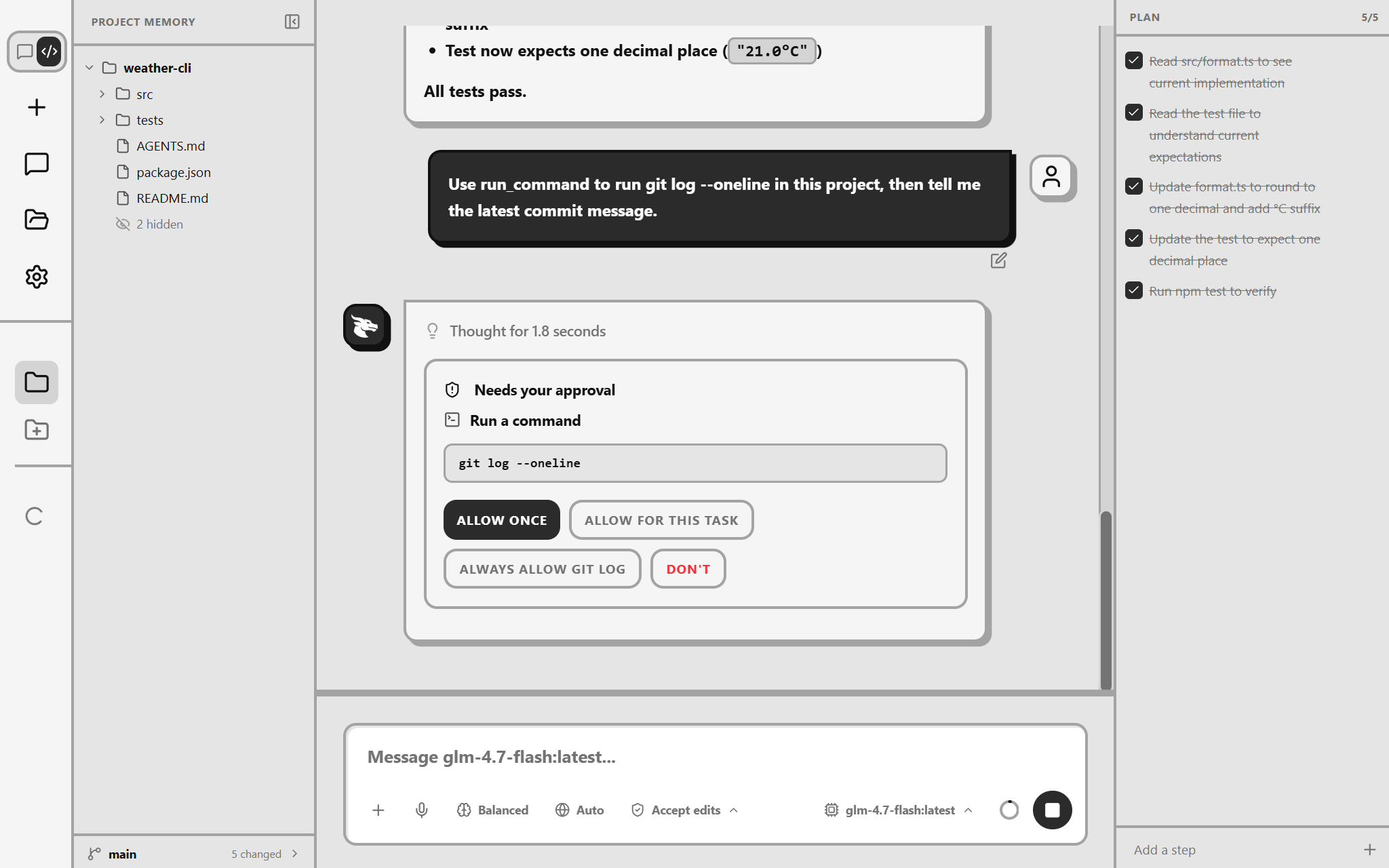 Draggy in a project, asking before it runs git log --oneline, with buttons to allow it once, for the task, always, or not at all.
