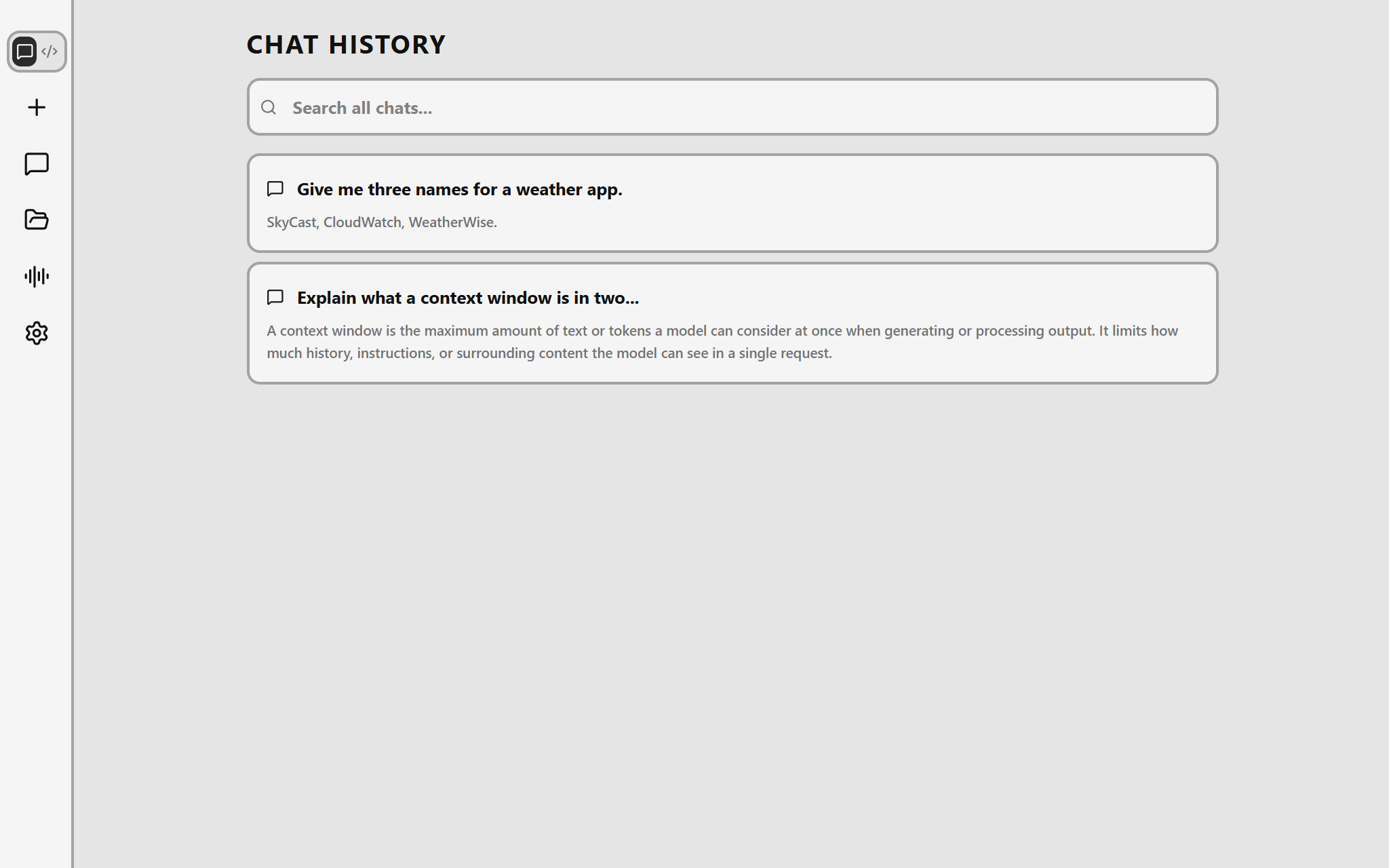 Draggy's chat history: a search box above saved conversations, each showing the start of its reply.