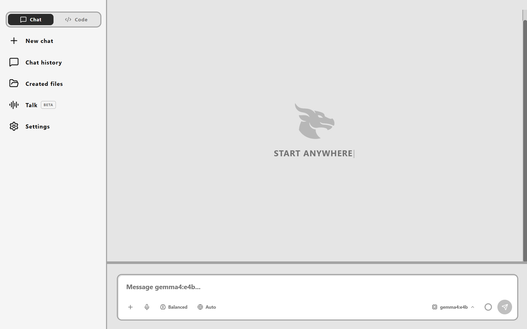 Draggy's sidebar with Chat selected: new chat, chat history, created files, voice mode and settings, above an empty conversation waiting for its first message.