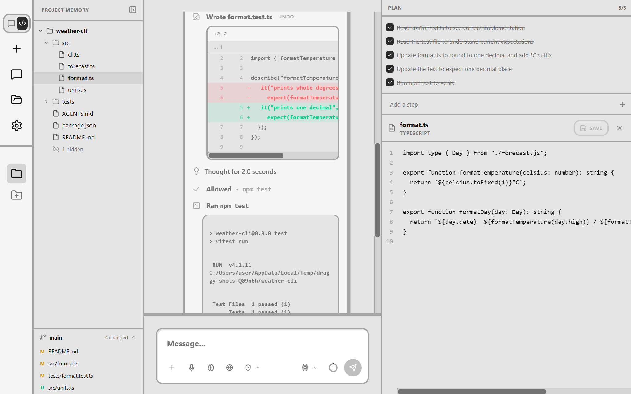 A project in Draggy: the file tree with its git changes, the model's edit to the test shown as a diff, npm test allowed and passing, and format.ts open beside a finished plan.
