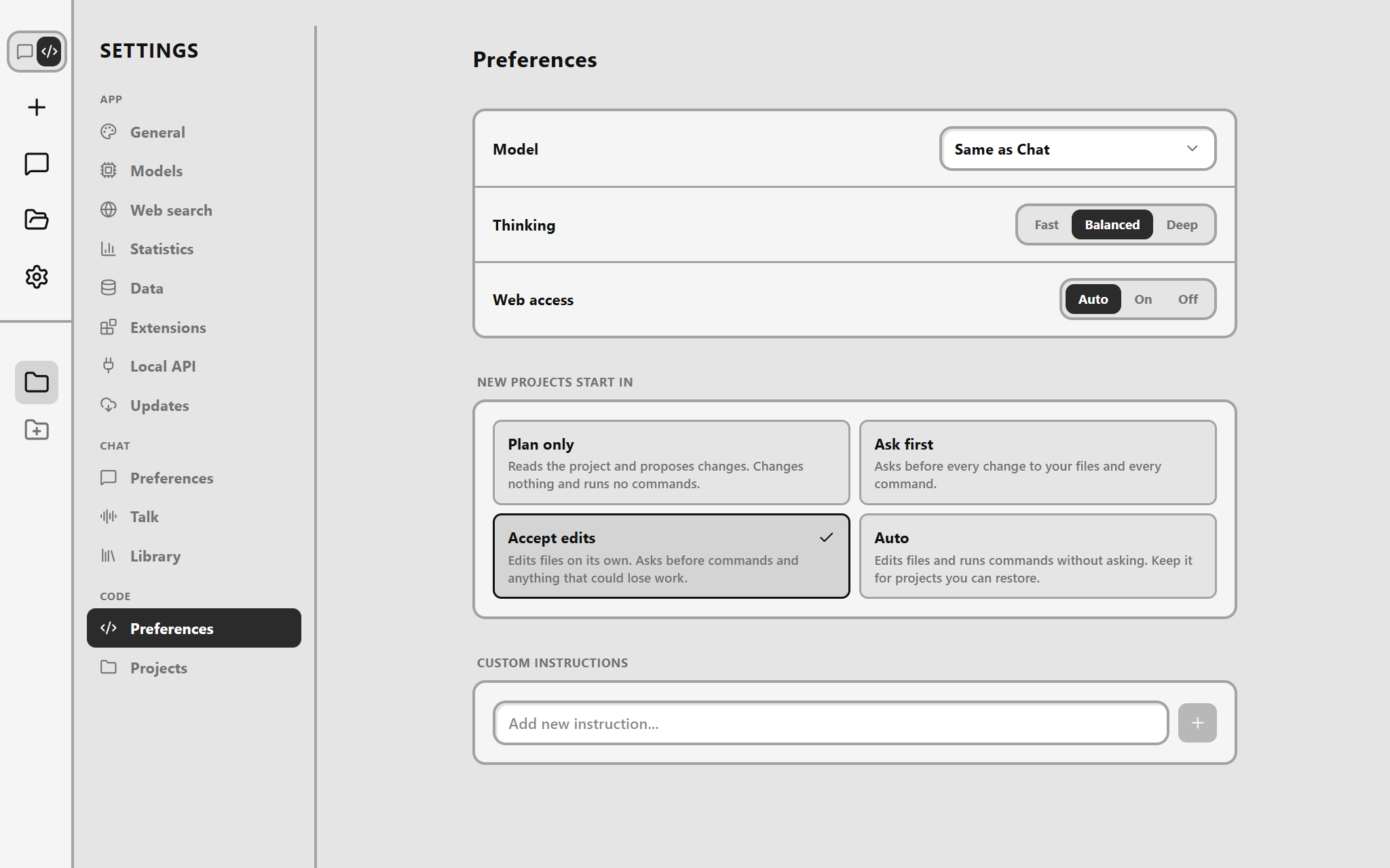 Draggy's Code preferences: model, thinking and web access, and the four permission modes a new project can start in, with Accept edits chosen.