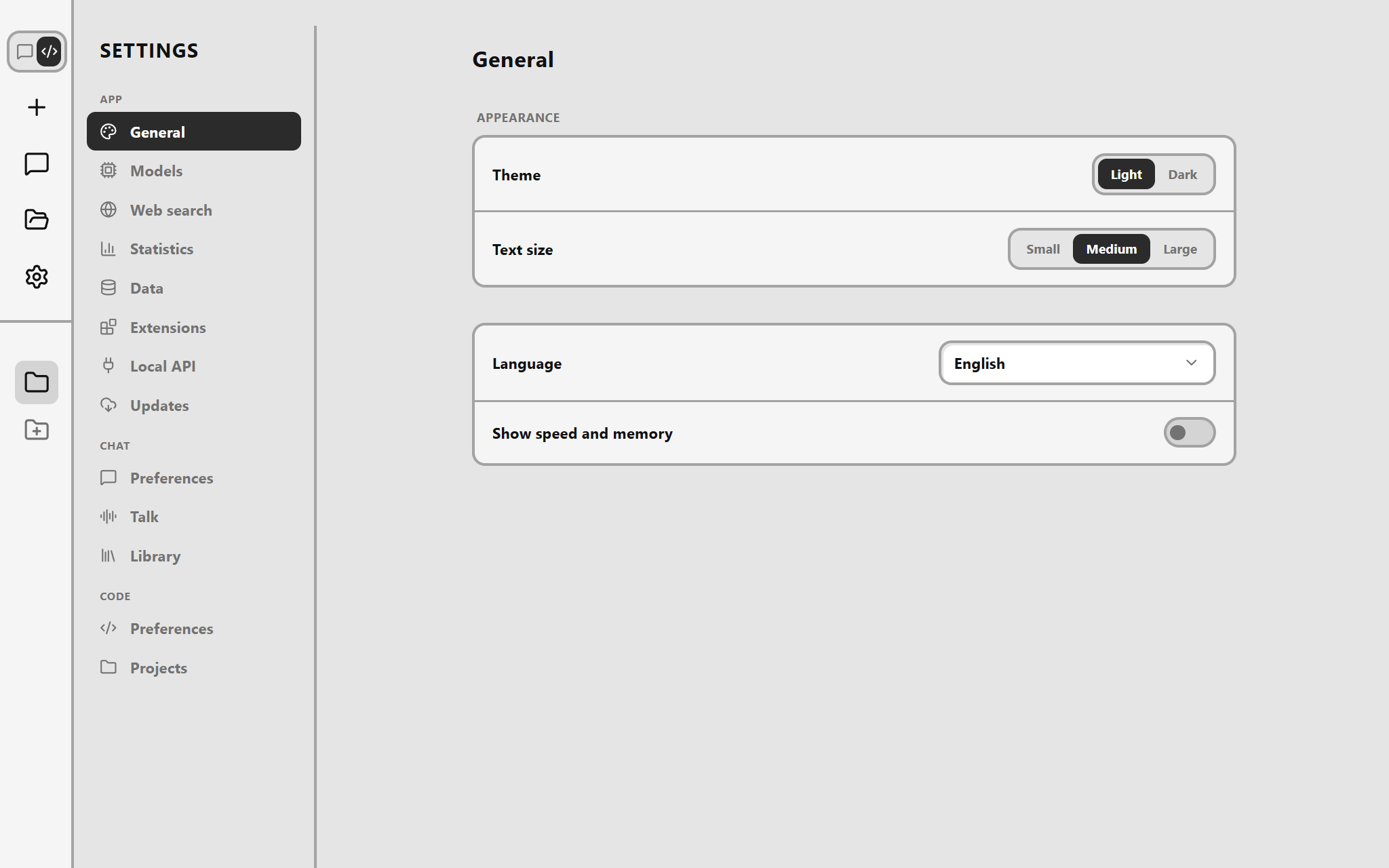 Draggy's general settings: light or dark theme, text size, language, and the switch that shows speed and memory while it answers.