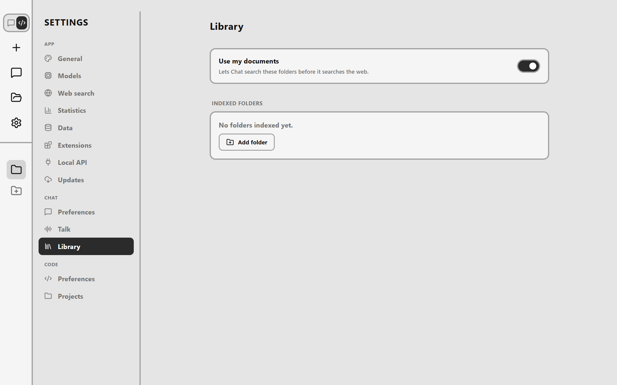 Draggy's Library settings: a switch to search your own documents, and a folder list waiting for its first indexed folder.