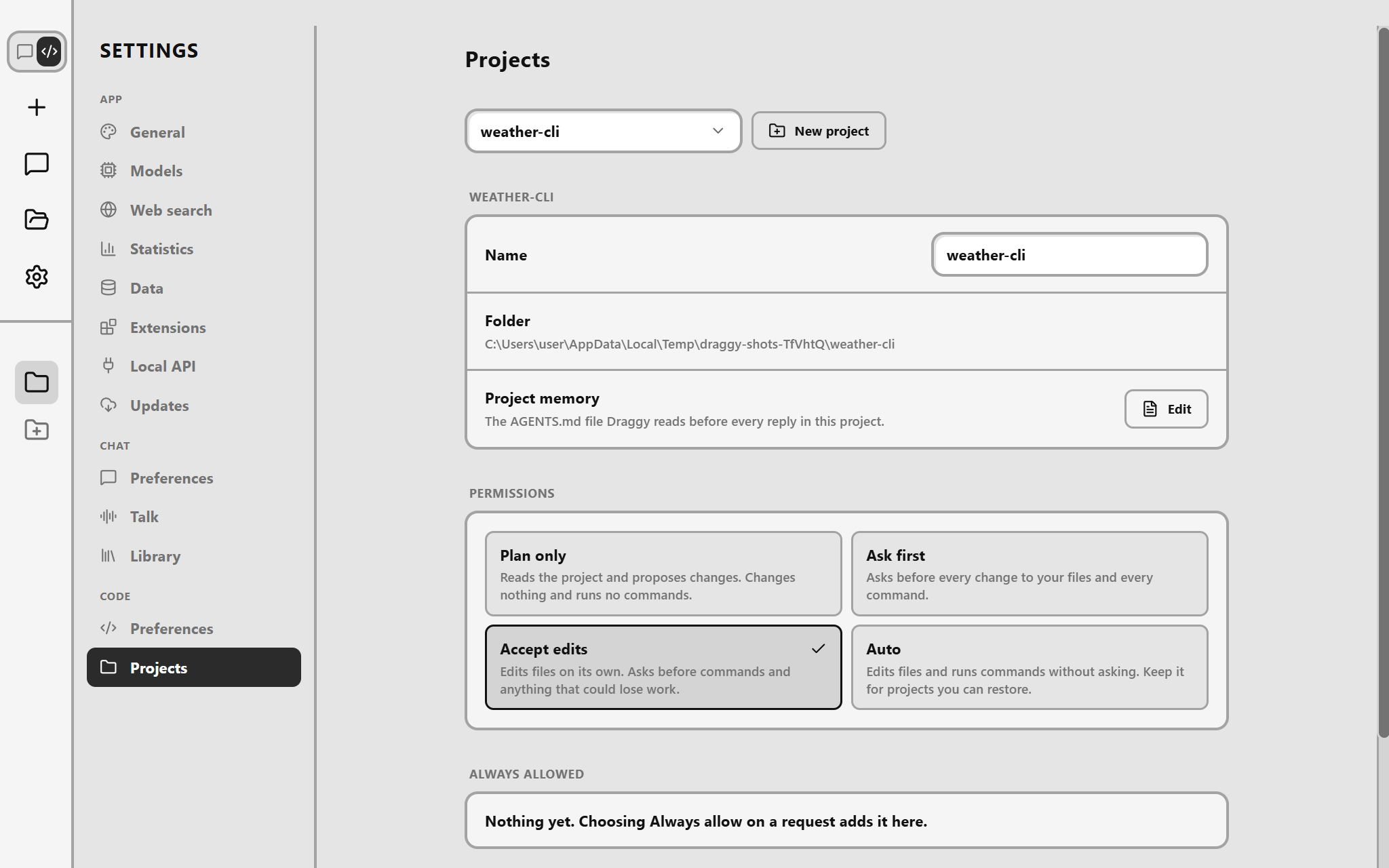 Draggy's Projects settings for weather-cli: its name, folder and project memory, the Accept edits permission chosen, and an empty list of always-allowed commands.