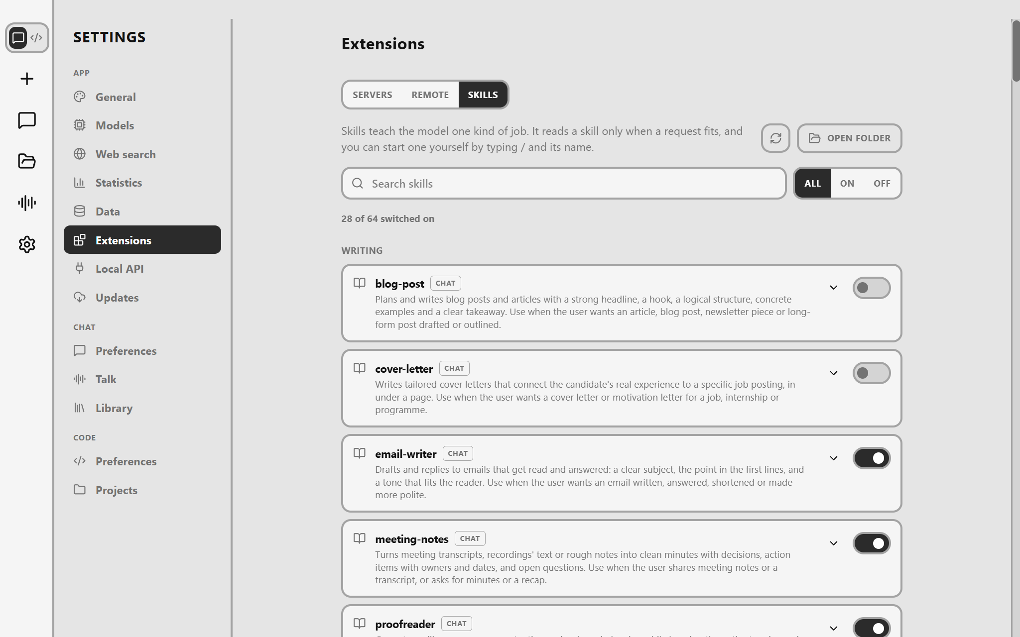 Draggy's skills settings: sixty-four skills grouped by kind, twenty-eight switched on, each with a short description of when to use it and its own switch.